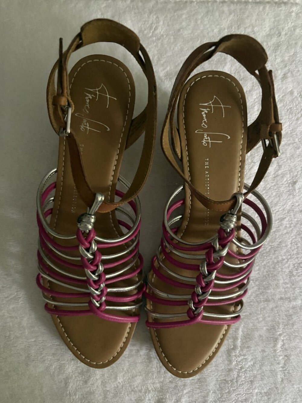 Franco Sarto, pink, brown and silver wedge sandals, size 9M